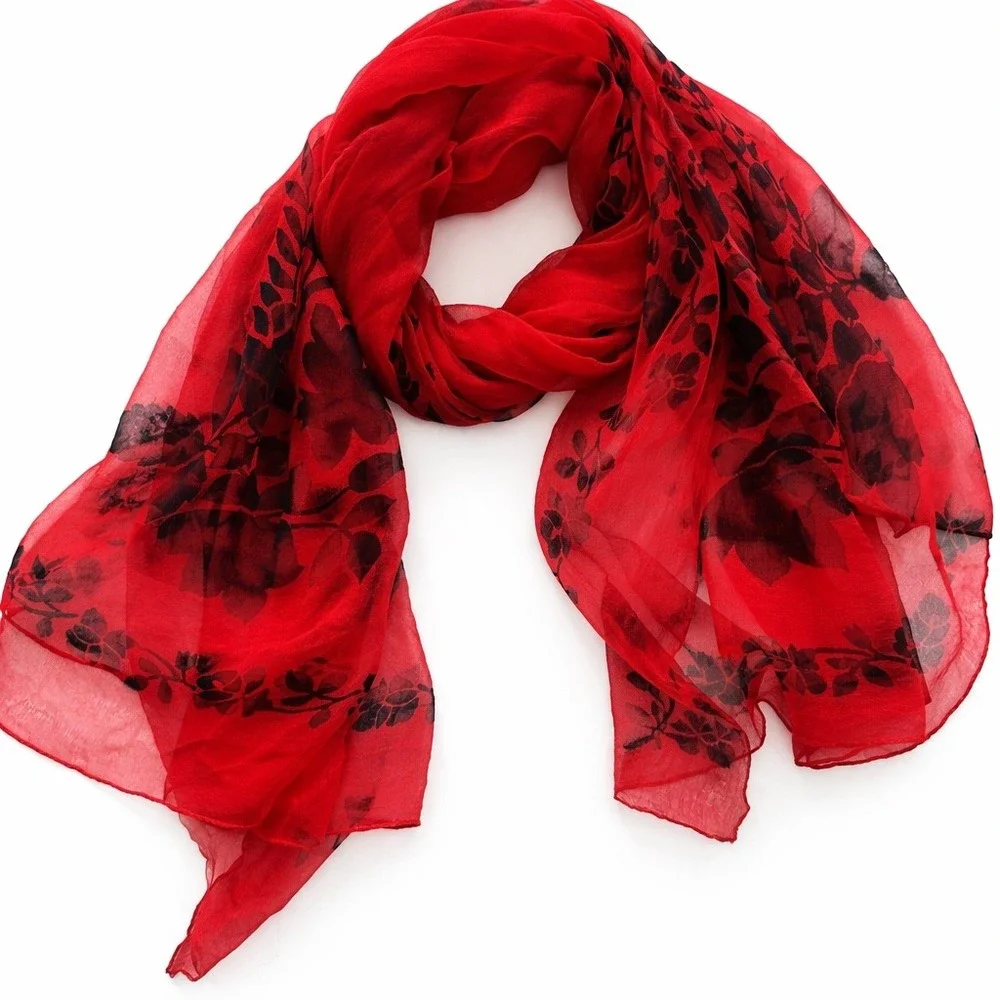Unbranded Floral Sheer Silk Scarf Womens OS Red Black Rose Print Gothic Romantic